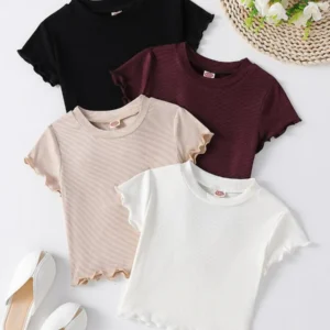4-Pack Ribbed Crop T-Shirts with Ruffled Hem